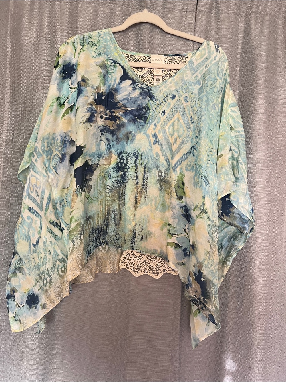 Chico's Blue-Green Floral Lace-Trim Tunic